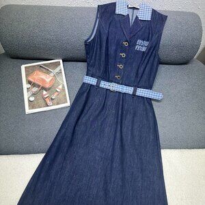 Miu Miu Denim Sleeveless Midi Dress Blue Belted Logo Embroidery